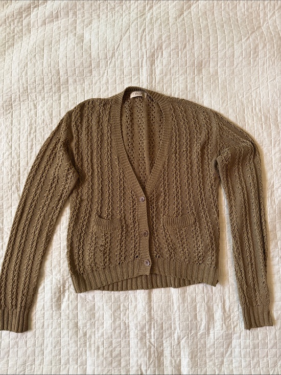 BLVD Sweaters - BLVD Olive Green Open-Knit Button Cardigan